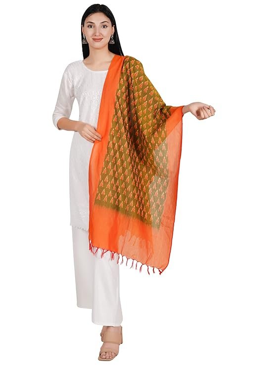 Ekaltara Women handwoven Orange and Green Ikat Cotton Stole ! EKL_21