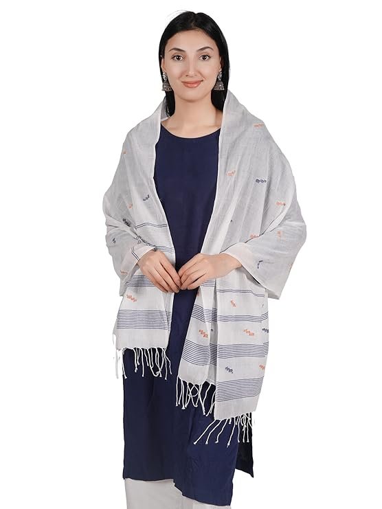 Ekaltara Women handwoven Blue Butta on Off White Jamdani Bengal Cotton Stole ! EKL_30