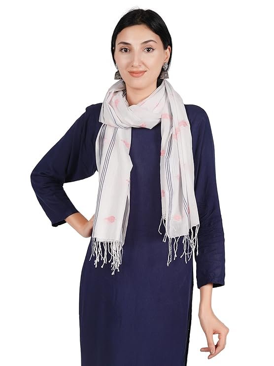 Ekaltara Women handwoven Pink Butta on Off White Jamdani Bengal Cotton Stole ! EKL_33