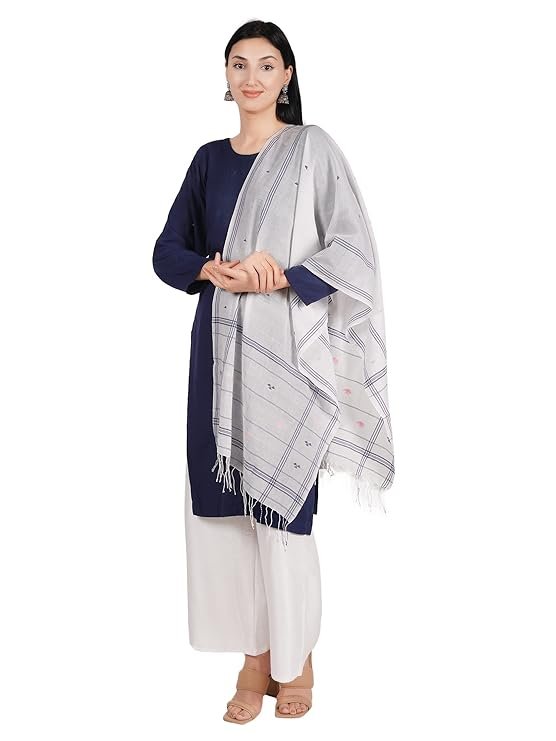 Ekaltara Women handwoven Blue Butta on Off White Jamdani Bengal Cotton Stole ! EKL_36