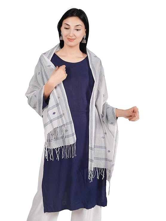 Ekaltara Women handwoven Blue Butta on Off White Jamdani Bengal Cotton Stole ! EKL_39